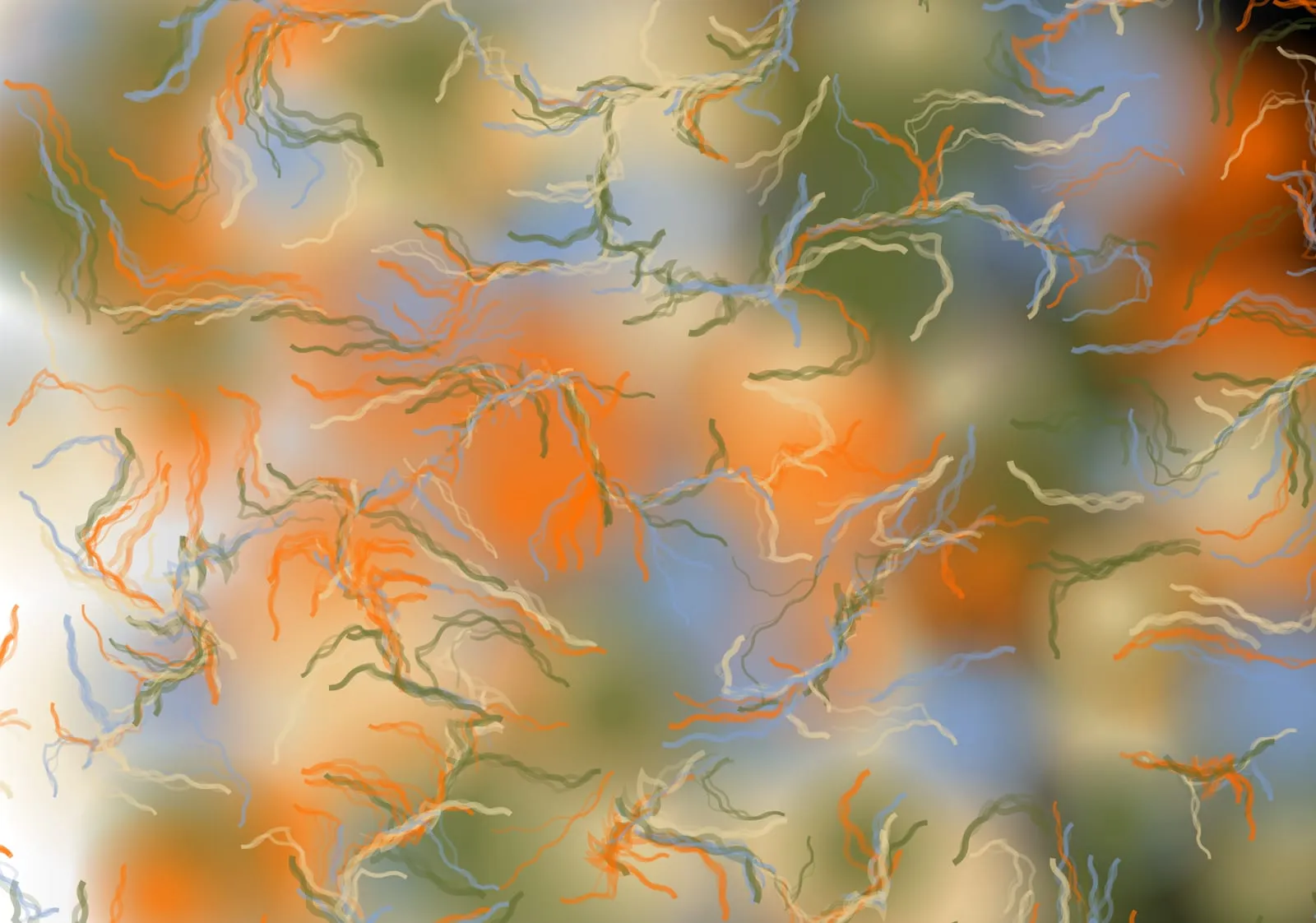 bezier brush 12, soft blurred masses of orange, sky blue and olive crossed by thin, wiry brush strokes in the same colors.